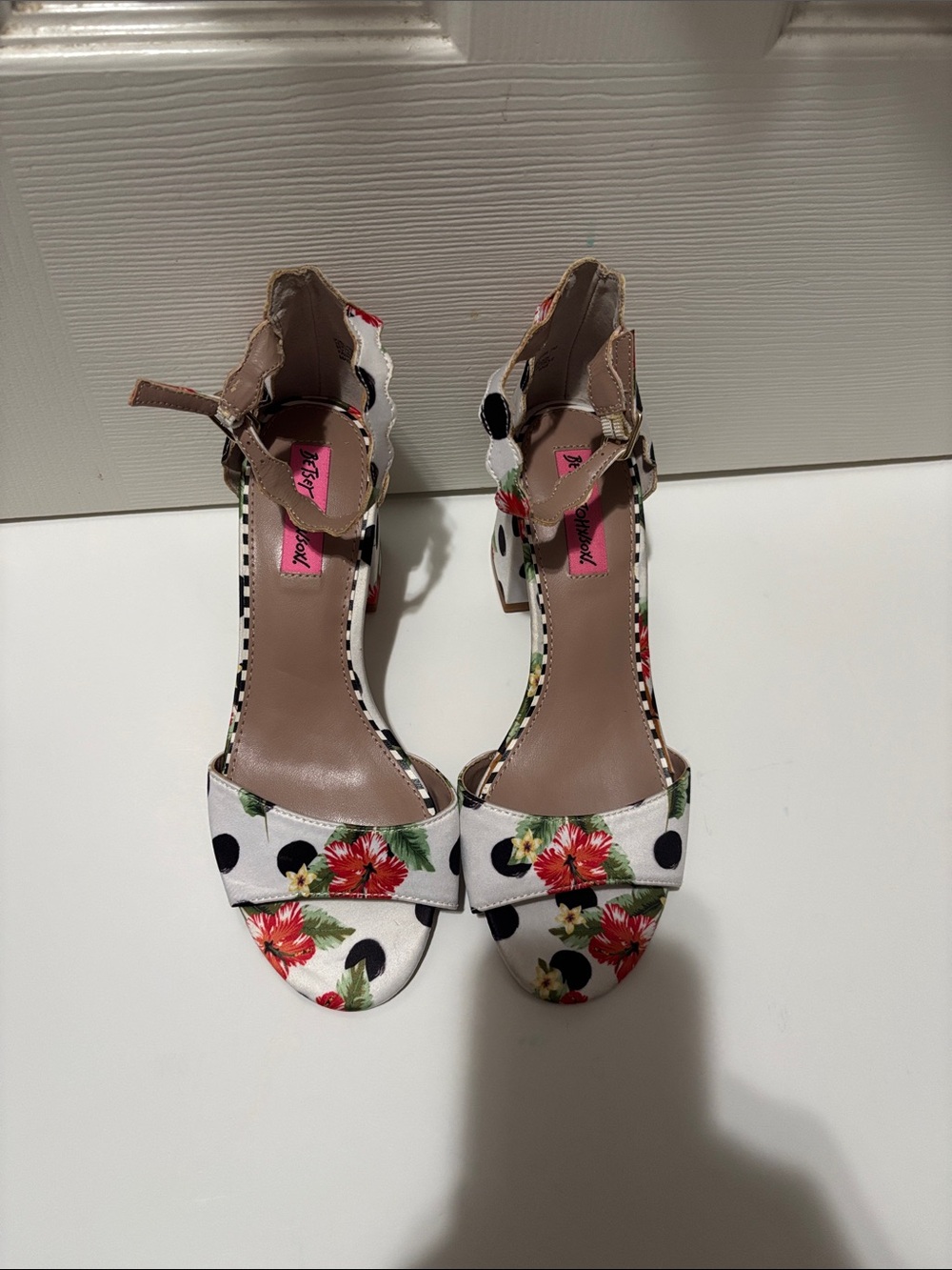 Betsey Johnson White Floral & Black Polka Dot Ankle Strap Block Heels